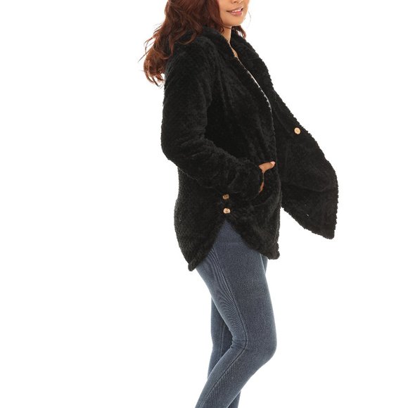 Textured Plush Button-Up Hoodie With Pocket - Picture 4 of 5